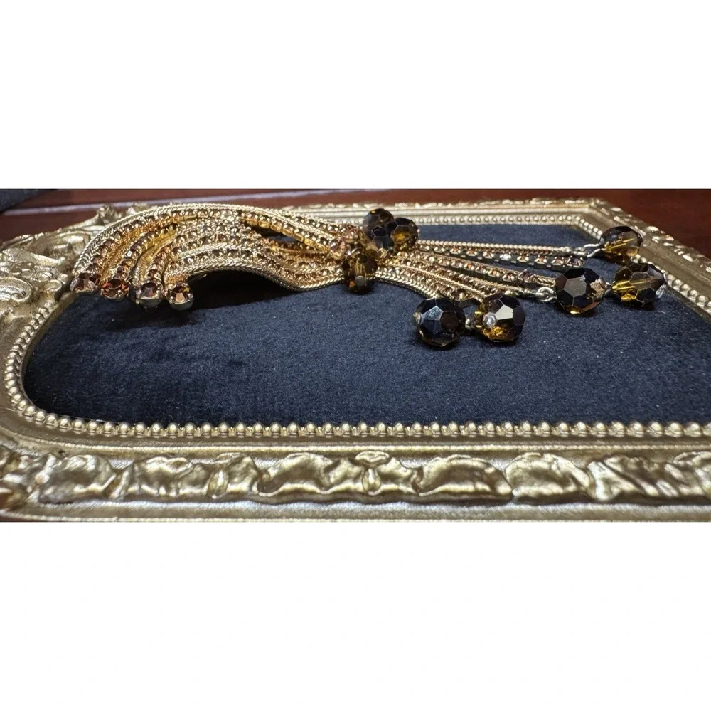 Vintage Gold Tone‎ Waterfall Tassel Brooch Rhinestone Faceted Bead Dangle